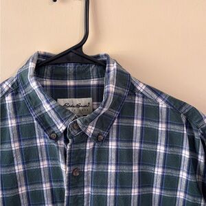 Eddie Bauer Men's Blue and Green Plaid Shirt